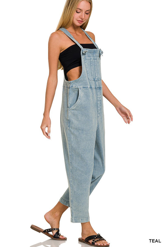 Washed Knot Strap Relaxed Fit Overalls - Teal