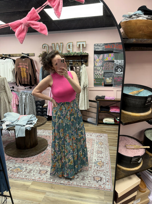 Printed Tiered Maxi Skirt w/Smocked Waist