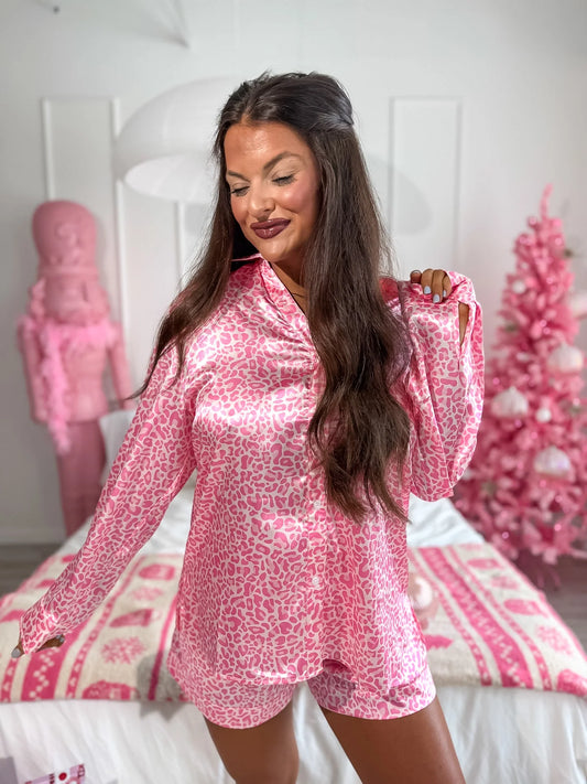 BIRDIE PREORDER - After Dark Satin Set in Pink Party Leopard