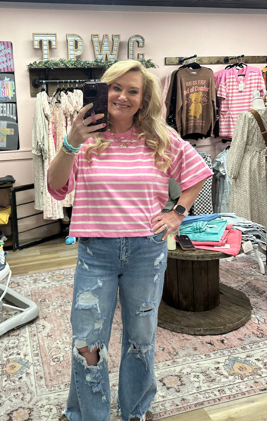 Stripe Casual Comfy Knit Top - Pink/Oatmeal