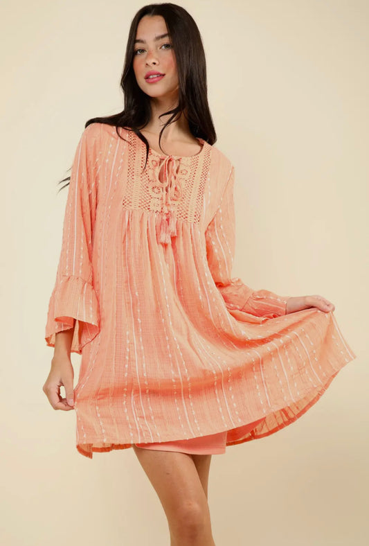 Dobby Dots Striped Chiffon Mini Dress- Apricot