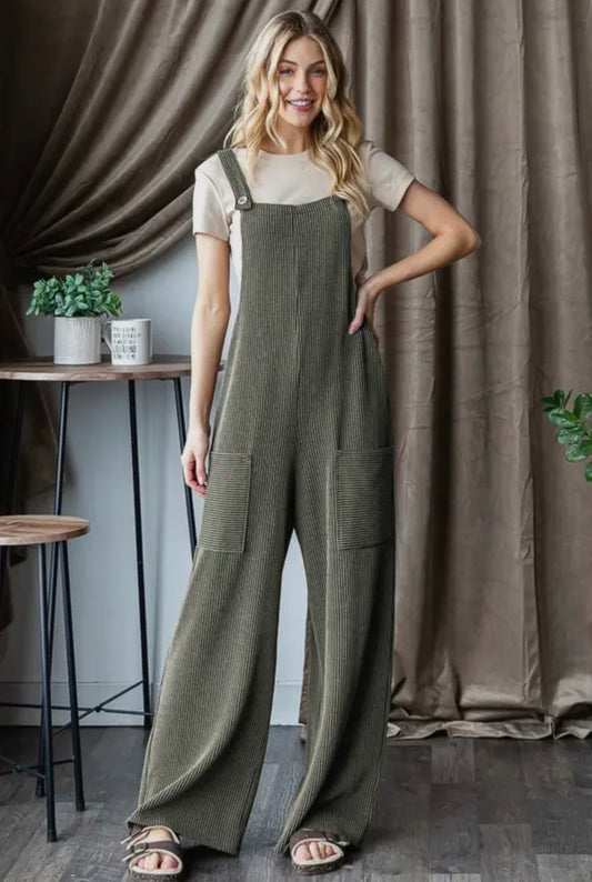 Urban Ribbed Overalls - Olive