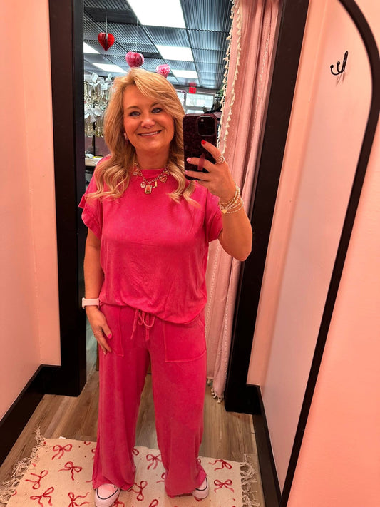 Ribbed Acid Wash Top & Pants Set - Hot Pink