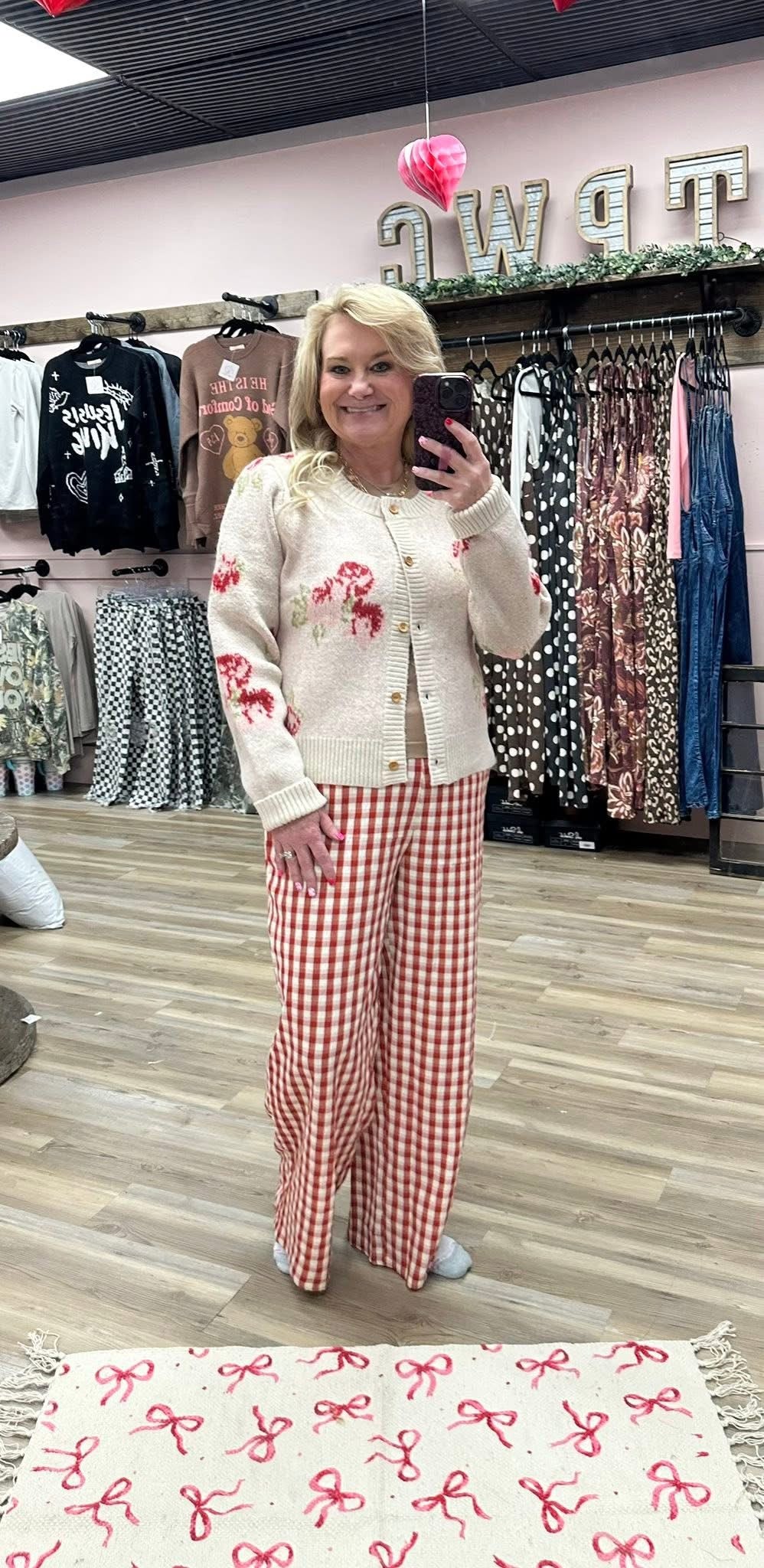 Red Checkered Pull-on Casual Pants