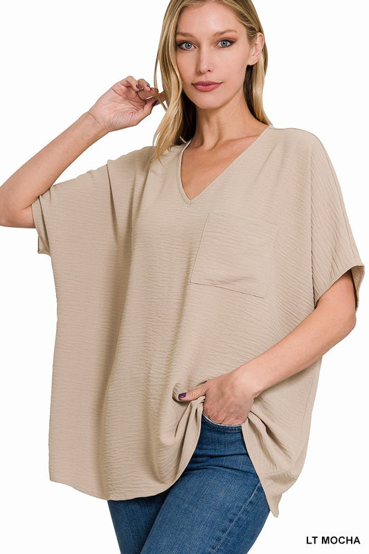 Woven Airflow Dolman Top w/ Front Pocket