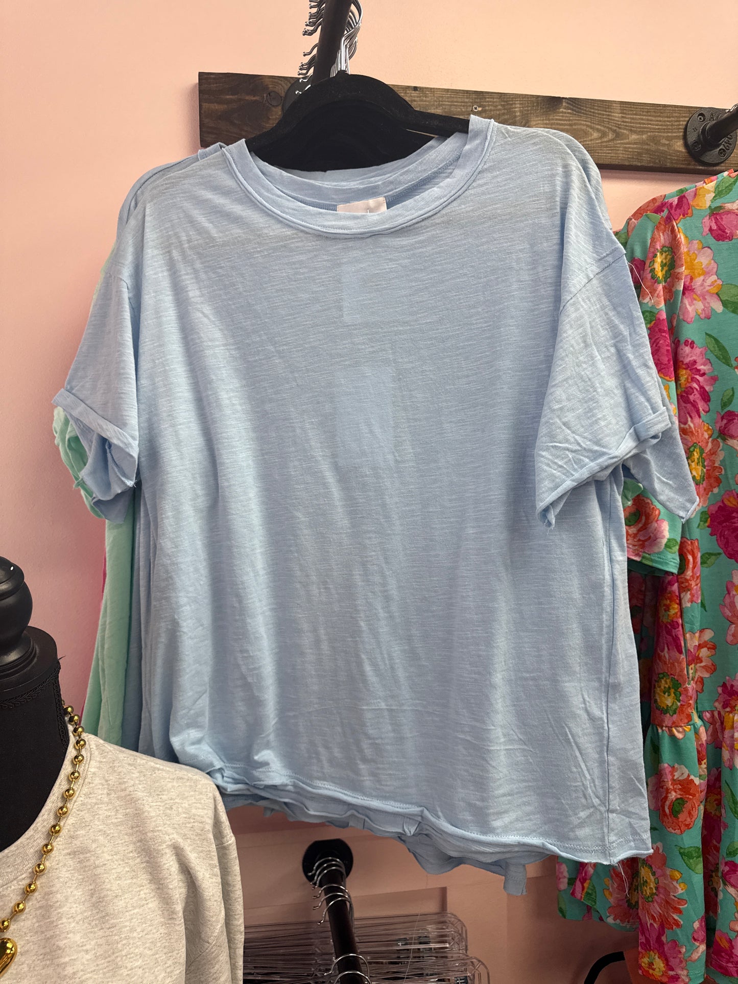 Basic Short Sleeve Cotton Top - Light Blue
