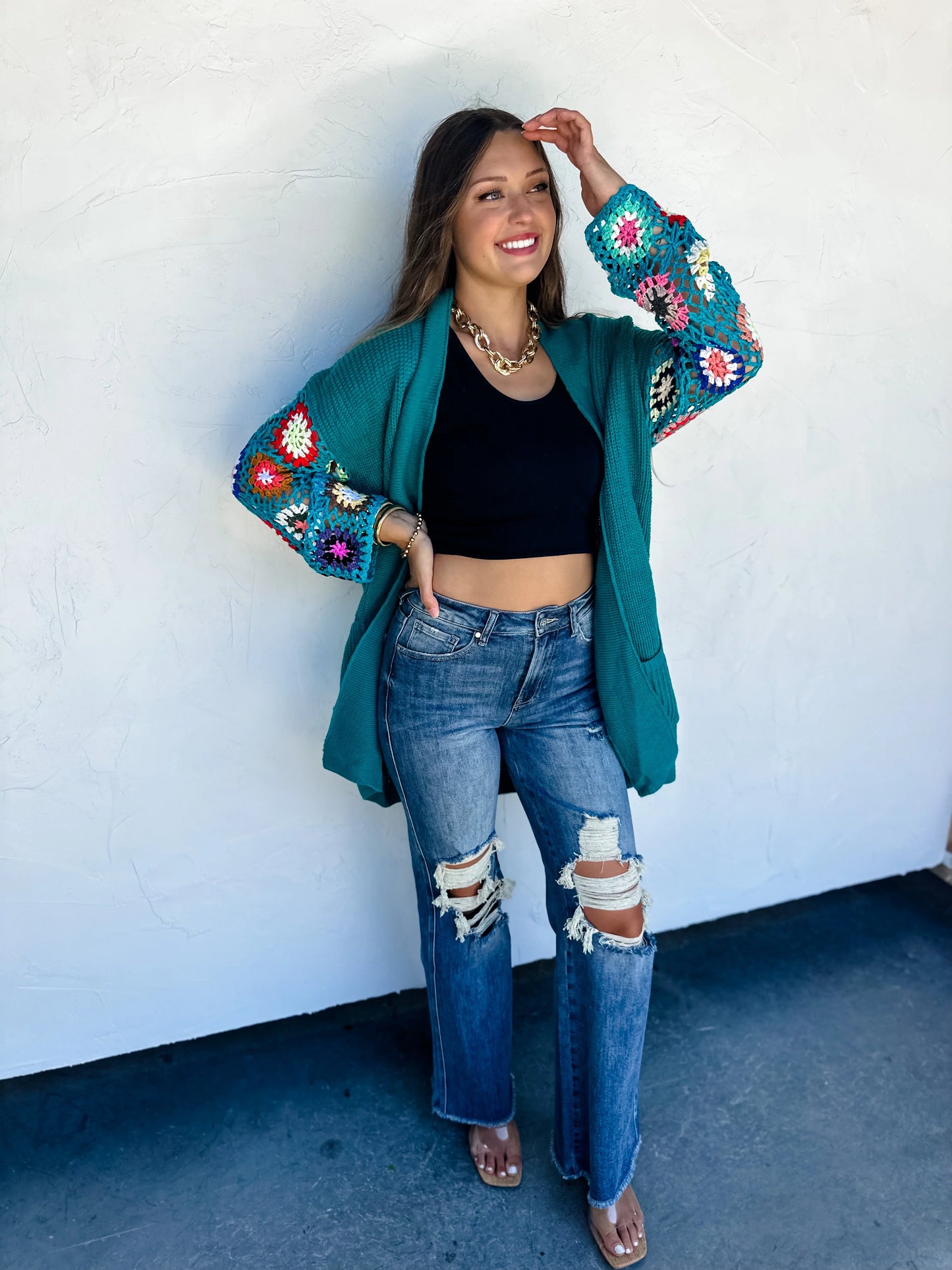 Crochet Sleeve Cardigan - Teal