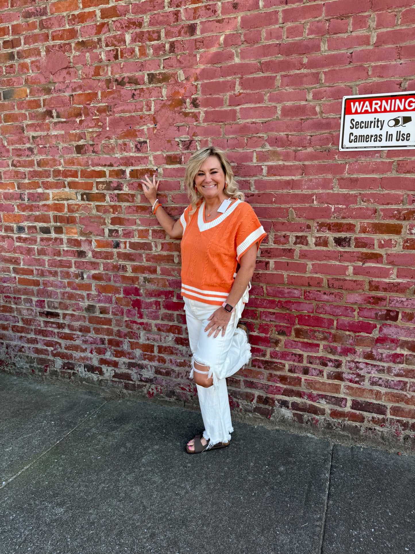 Game Day Cable Knit Varsity Sweater Vest - Orange/White