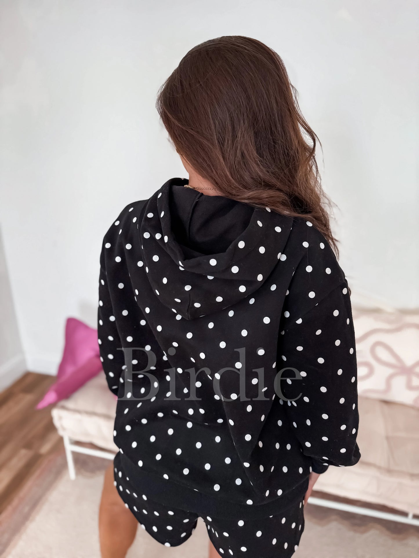 Birdie Hoodie - Black with White Polka Dots