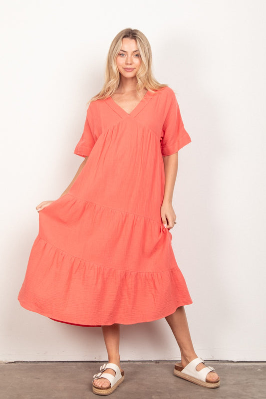 Soft Crinkle Gauze Midi Dress - Apricot