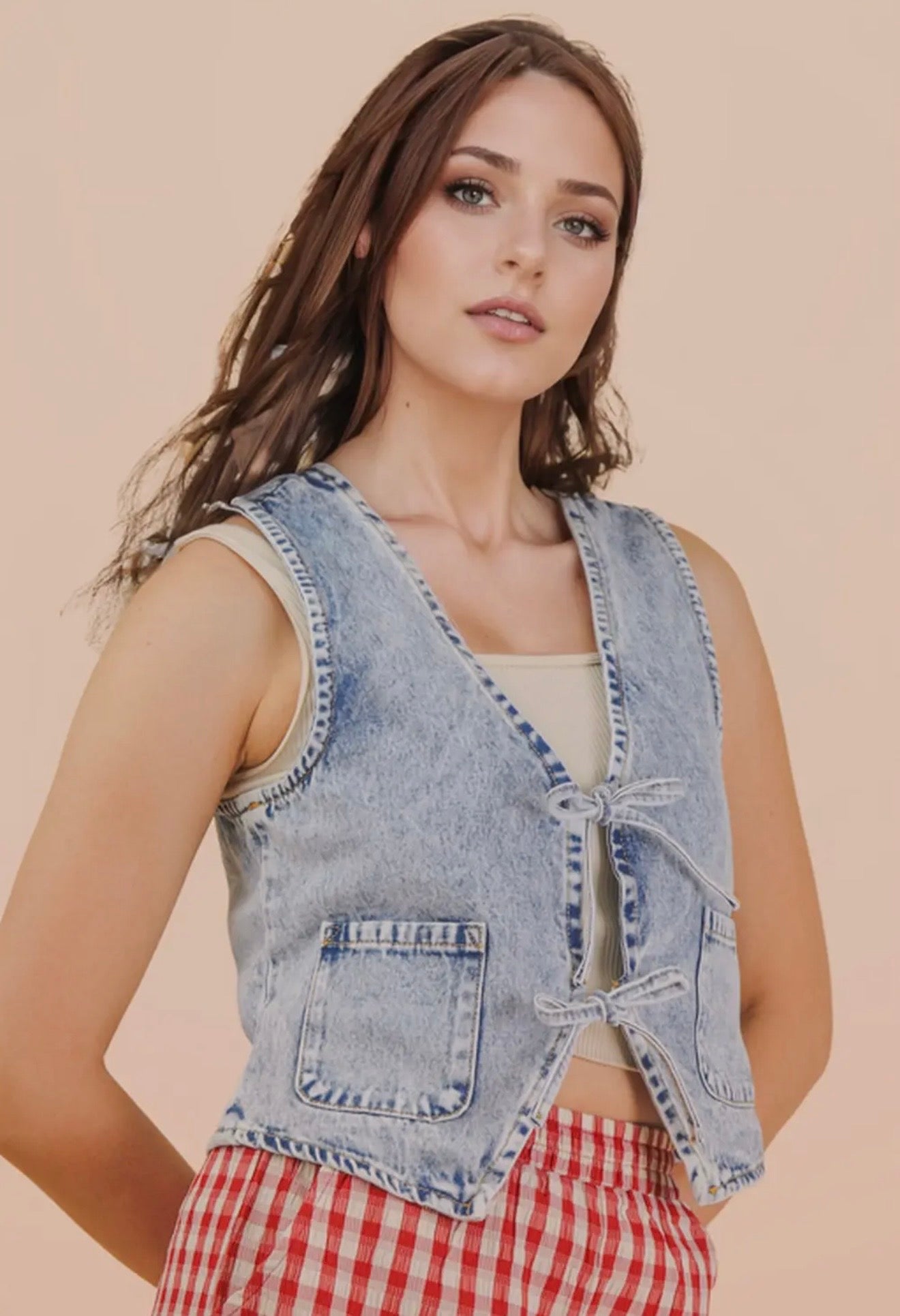 Denim Acid Washed Front Tie Vest