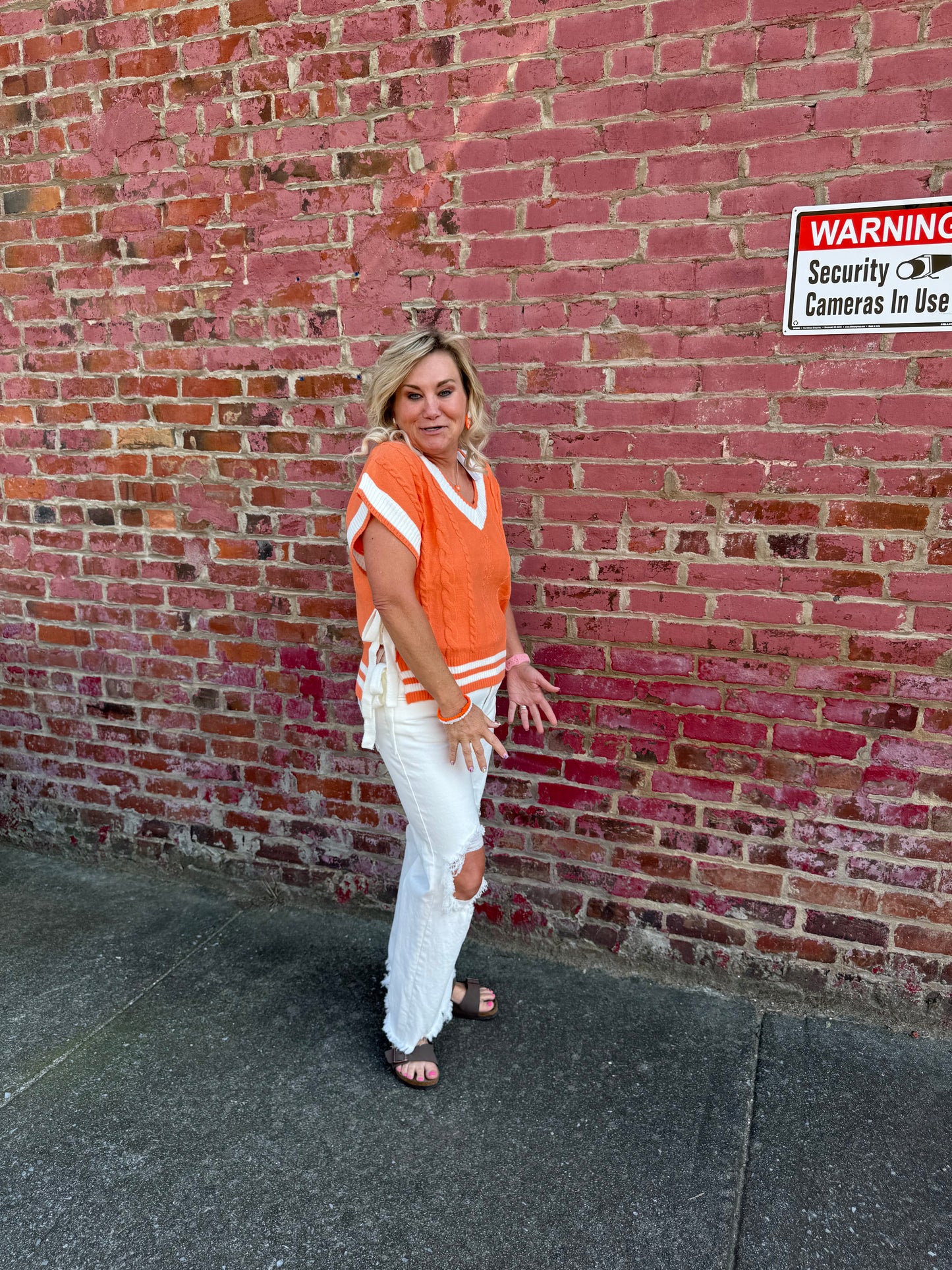 Game Day Cable Knit Varsity Sweater Vest - Orange/White