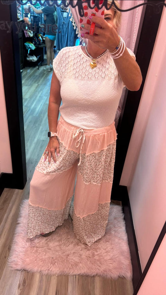 Pol - Floral Double Gauze Wide Leg Pants - Baby Pink