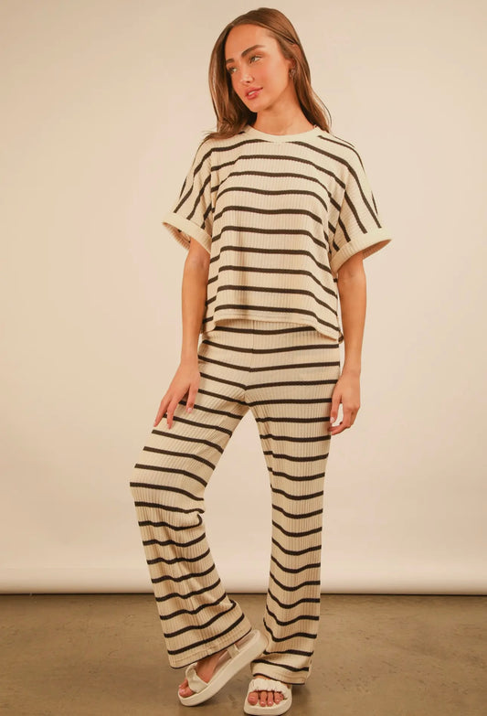 Striped Casual Top & Pants Set - Cream