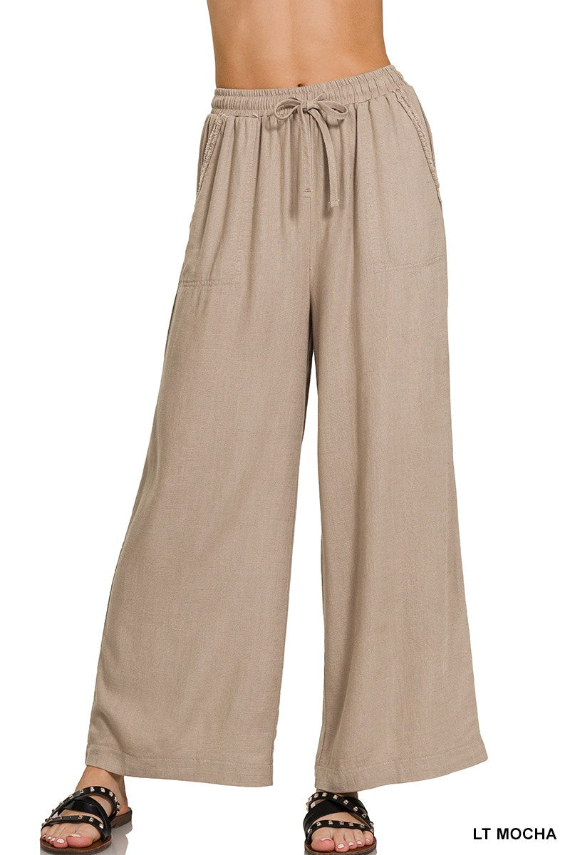 Wide Leg Linen Blend Pants w/ Pockets