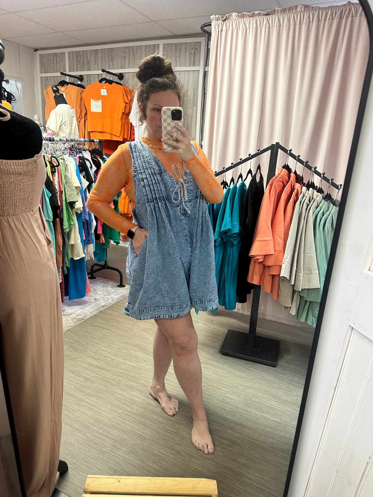 Curvy V Neck Sleeveless Denim Romper