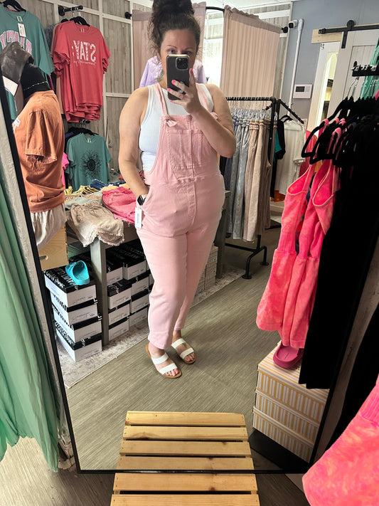 Washed Knot Strap Relaxed Fit Overalls - Pink