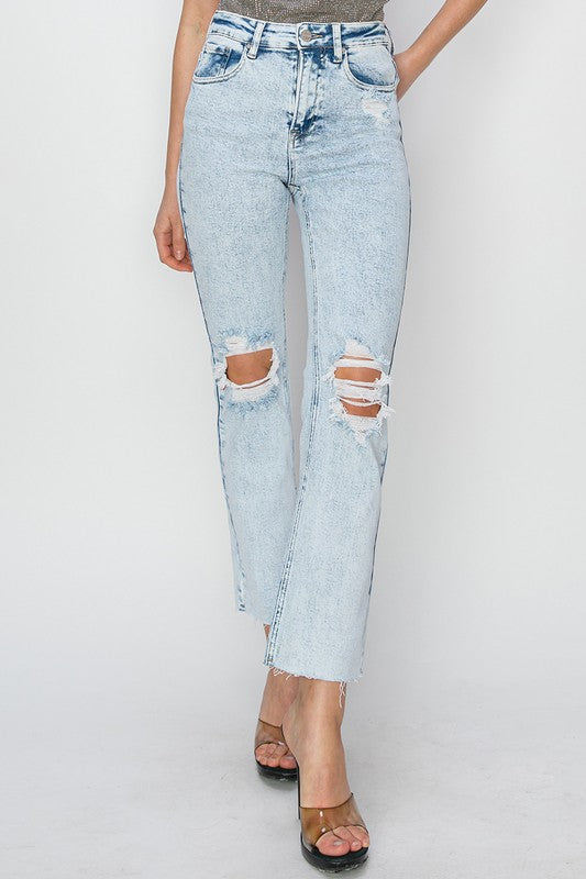 Risen High Rise Distressed Knee Jeans - Acid Light