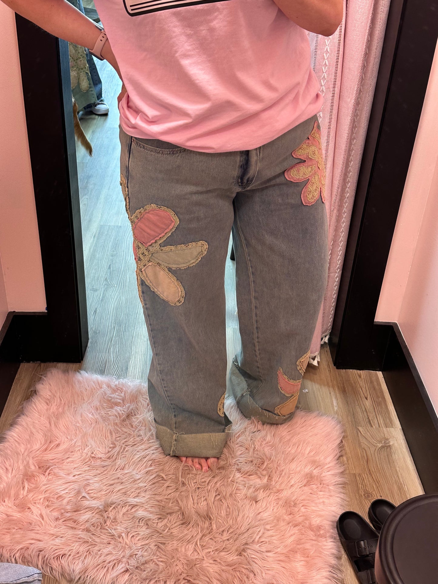 Oli & Hali - Washed Flower Patchwork Straight Denim Jeans