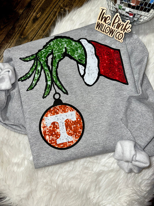 Faux Sequin Grinch Hand Tennessee Ornament Graphic Sweatshirt