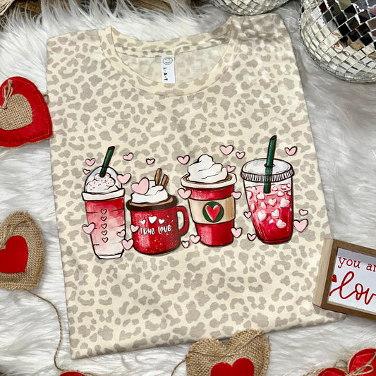 Valentine Coffee Graphic Tee- Natural Leopard