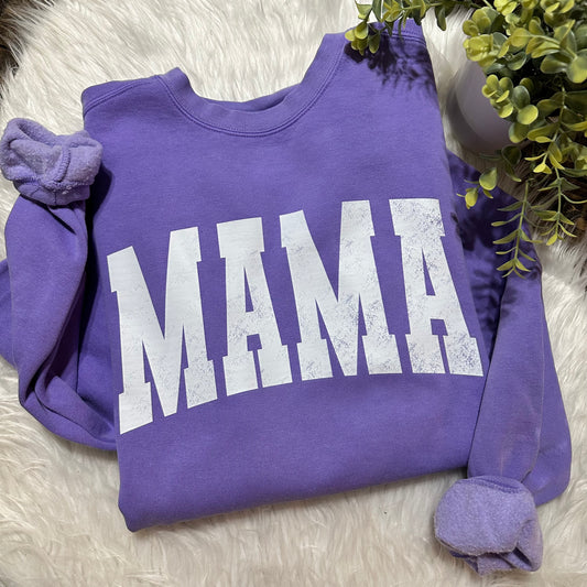 Varsity Mama Distressed Comfort Colors Graphic Tee/Sweatshirt (Violet)