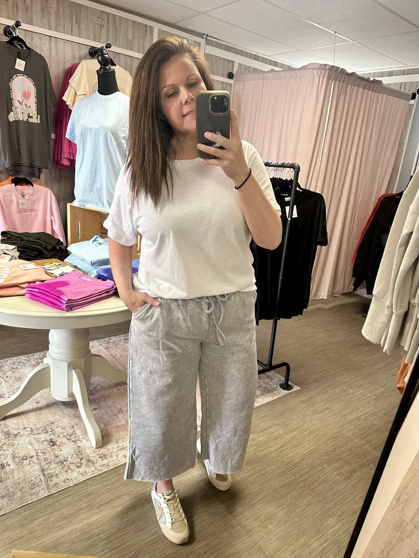 Acid Washed  Palazzo Cropped Sweatpants With Pockets