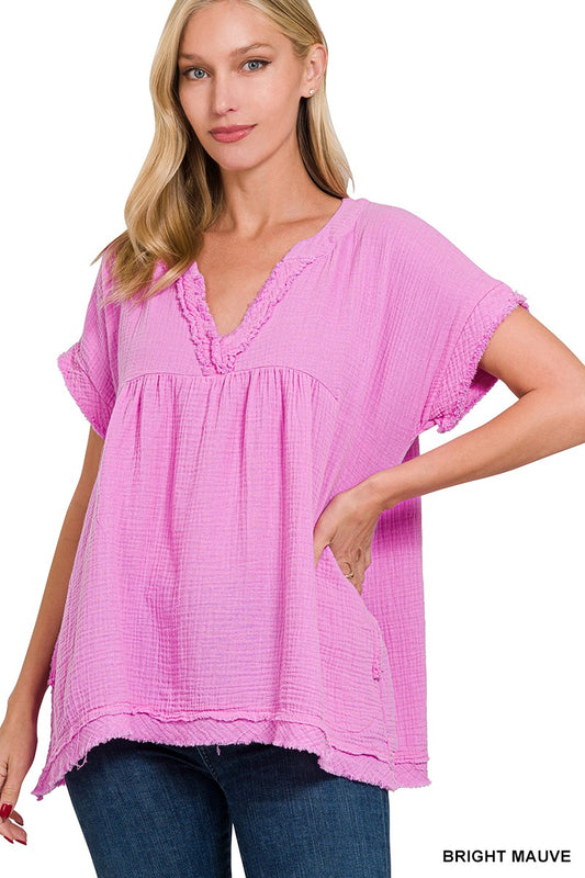 Bright Mauve Gauze Raw Hem Short Sleeve Top