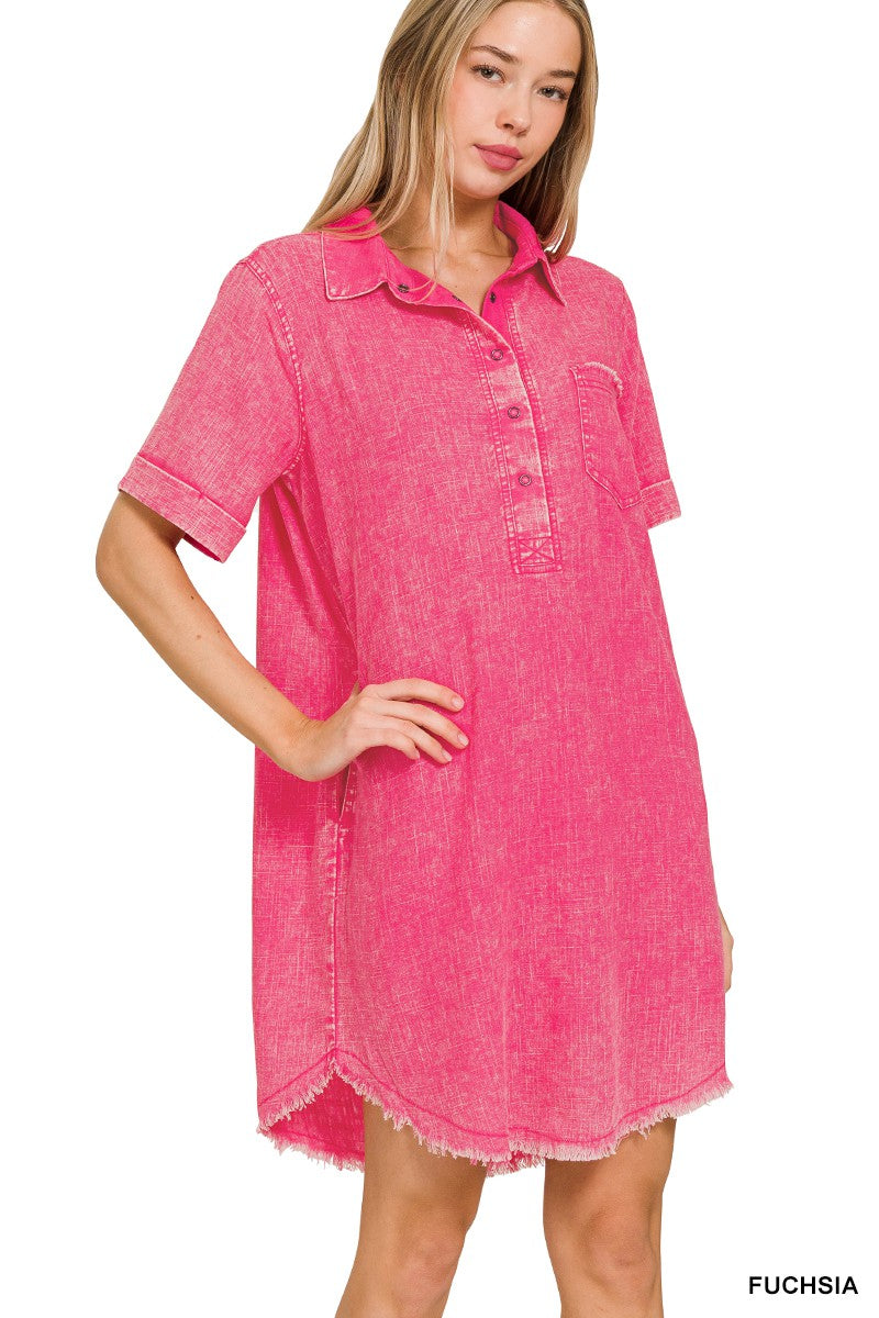 Washed Linen Raw Edge Button Down Dress - Fuschia