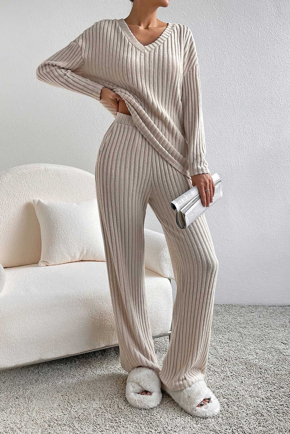 Ribbed Knit V-Neck Two Piece Set