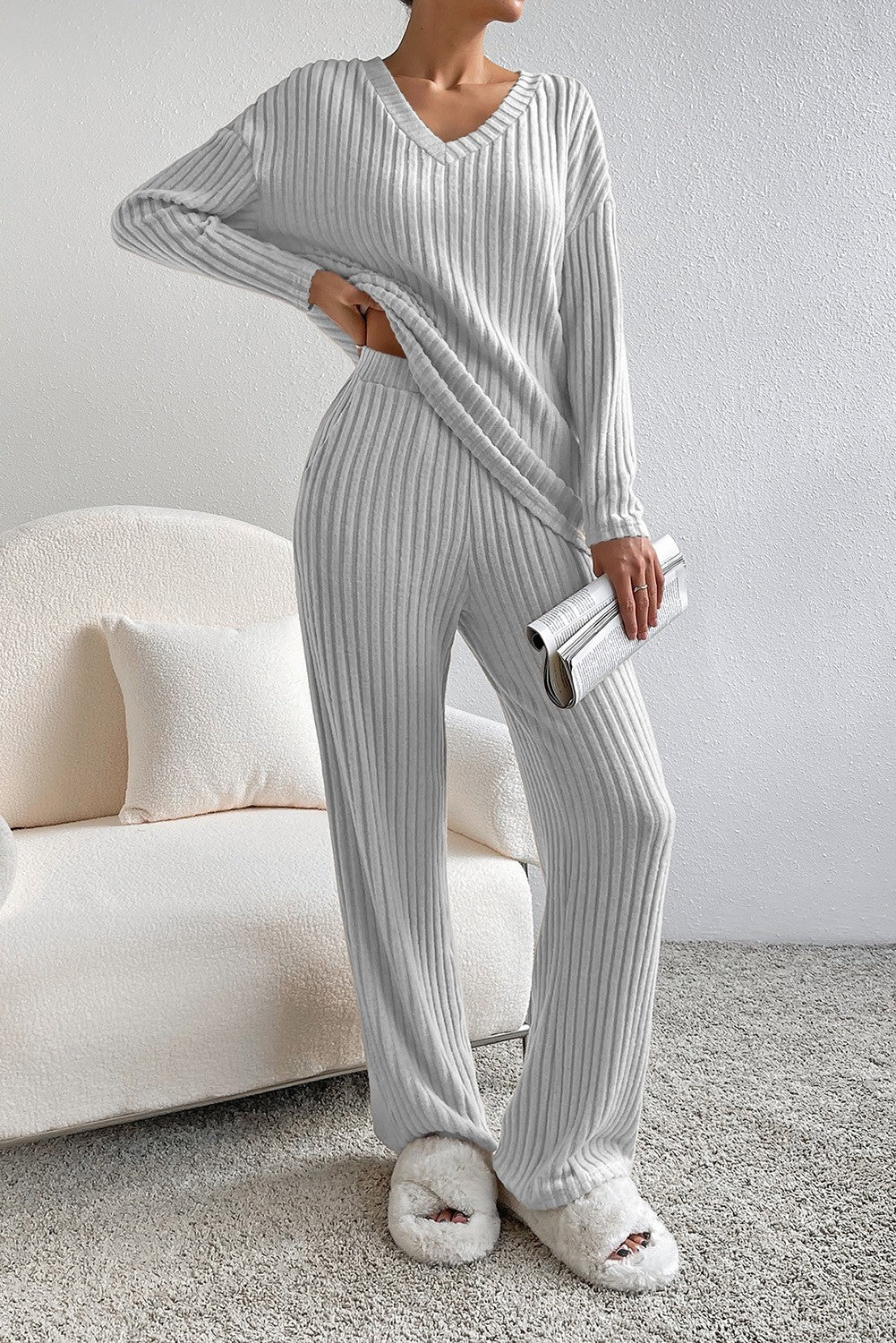 Ribbed Knit V-Neck Two Piece Set