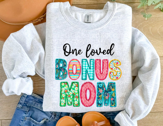 One Loved Bonus Mom Spring Faux Embroidery Graphic Tee/Sweatshirt