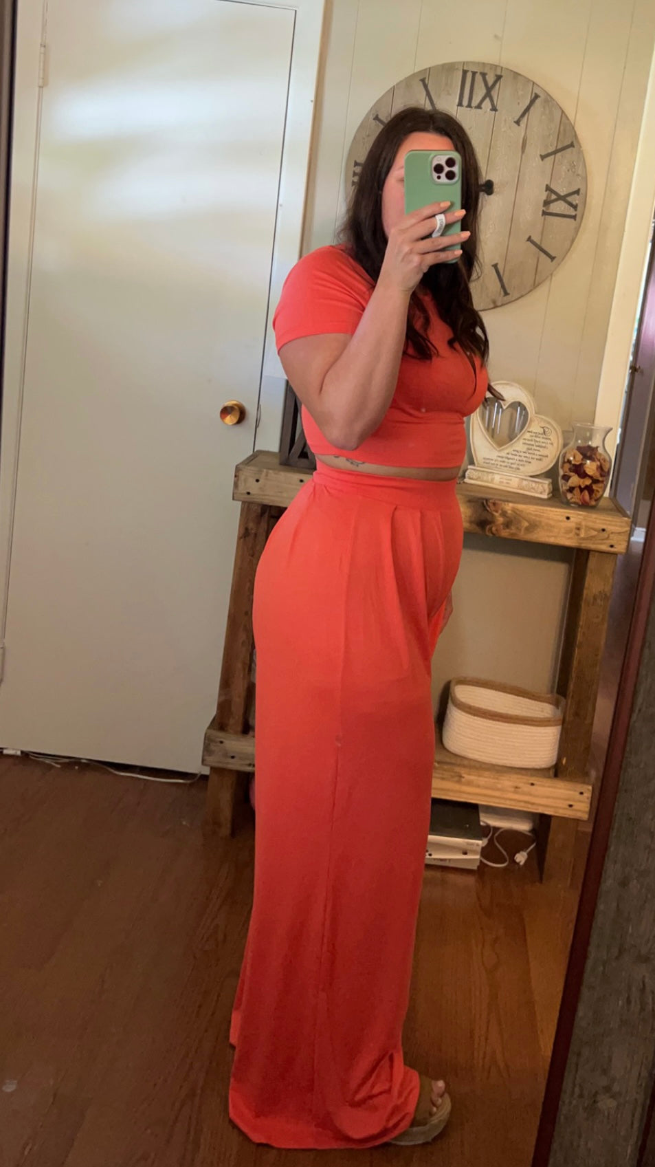 Coral Cropped Top and Wide Leg Pants Set