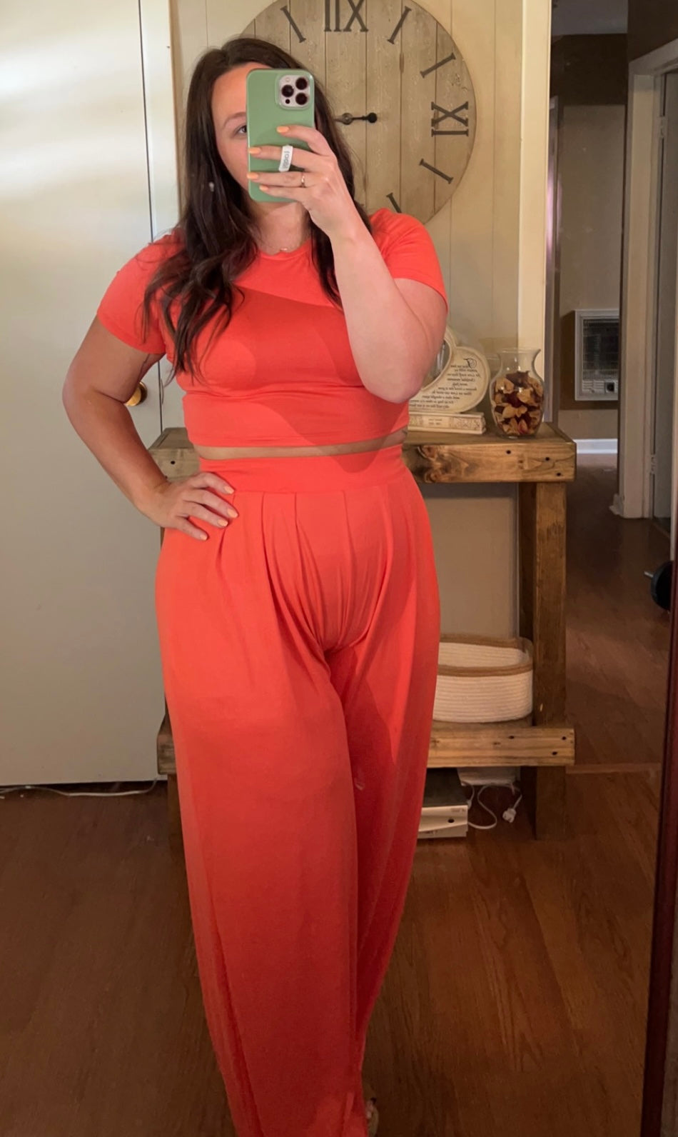 Coral Cropped Top and Wide Leg Pants Set