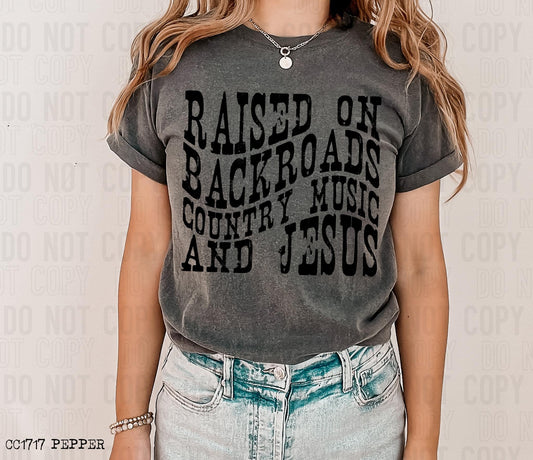 Raised on Backroads Country Music and Jesus Graphic Tee