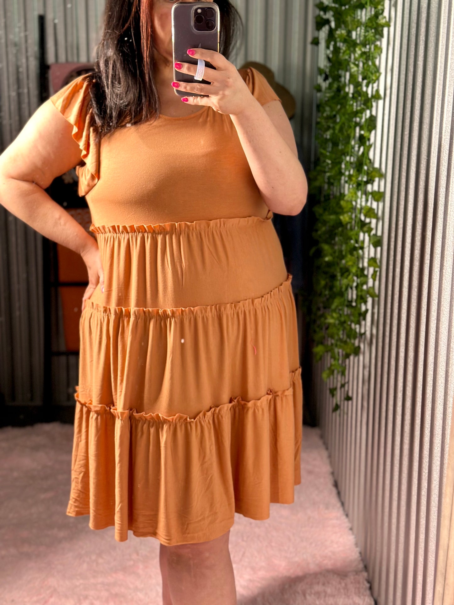 Butter Orange Ruffle Sleeve Tiered Dress