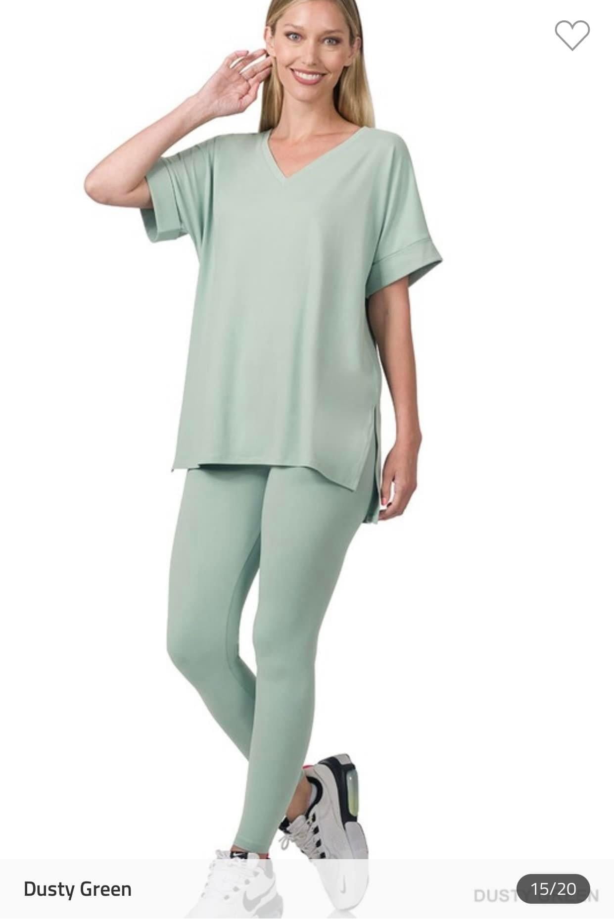 Dusty Green V Neck Top & Leggings Lounge Set