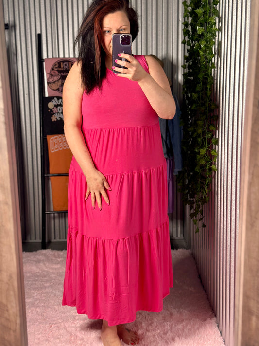 Fuschia Sleeveless Tiered Midi Dress